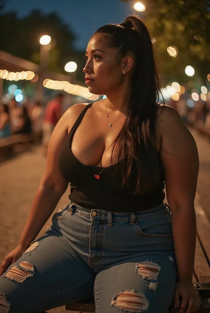 In a crowded park, at night, a massive ass voluptuous pawg plus-sized 30-year-old white waitress with dark brown slickback ponytail , dressed in a low-cut tank top and jeans, sits seductively on a bench