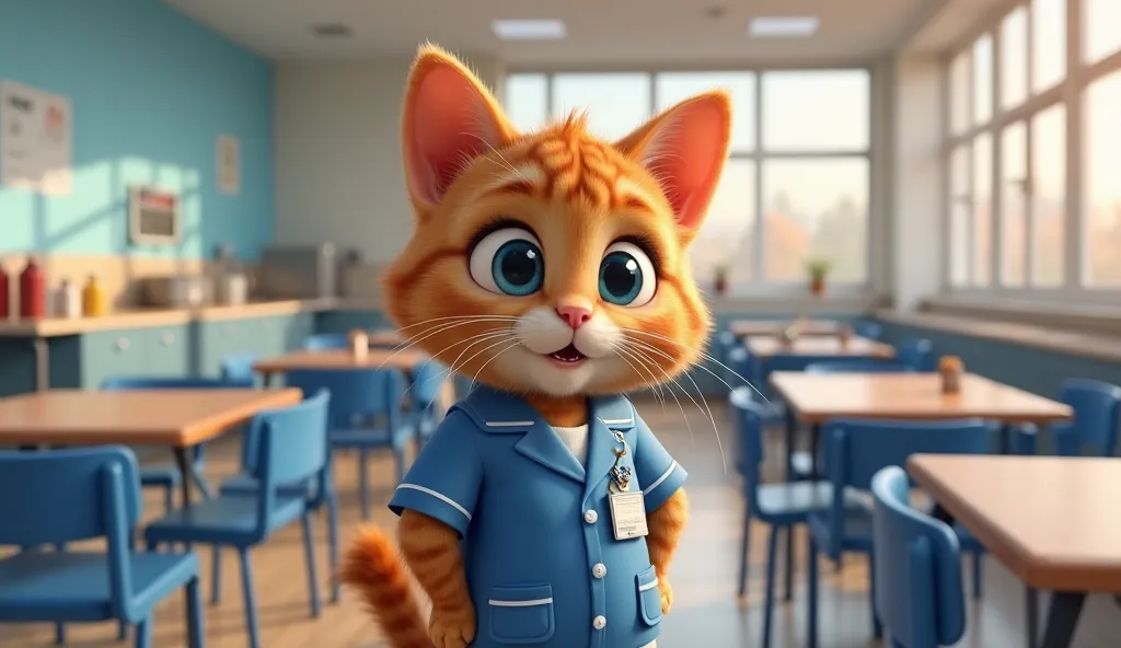 "A highly detailed 3D-rendered image of an anthropomorphic orange tabby cat with large, expressive blue eyes, standing in a school cafeteria. The cat is wearing a neatly pressed blue uniform with a white undershirt and an ID badge clipped to the pocket, gi...