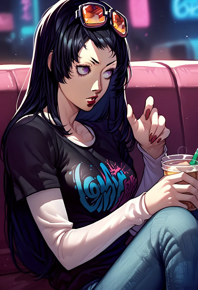 1 girl, sunglasses on head, lipstick, black t-shirt, clothes writing, layered sleeves, large breasts, jeans, Maya Amano, black hair, long hair, purple eyes