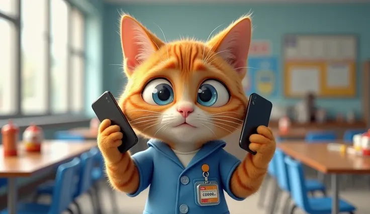 "A highly detailed 3D-rendered image of an anthropomorphic orange tabby cat with large, expressive blue eyes in a school cafeteria. The cat is wearing a neatly pressed blue uniform with a white undershirt and an ID badge clipped to the pocket. It looks dis...