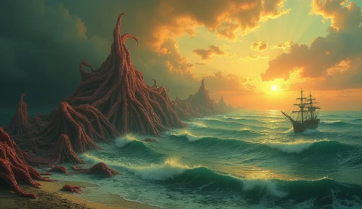 Surrealist seascape photo of an ocean made of writhing human organs, hyper-detailed anatomical structures in fluid motion, with shipwrecked sailors transforming into organs as they drown, wide oceanic vista, under a sky of stretched skin with hair clouds, ...