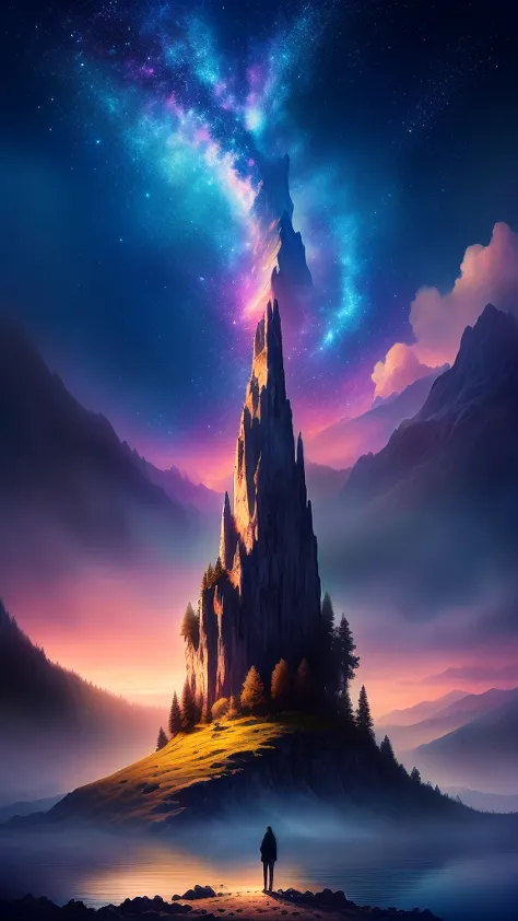 にインスパイアされたデジタルペインティングで、I'm drawing a mountain lake with a single tree in the foreground in a digital painting inspired by,  beautiful 4K art,  dreamy landscape , beautiful  dreamy landscape ,  beautiful digital art standing under a star work,   Beautiful D...