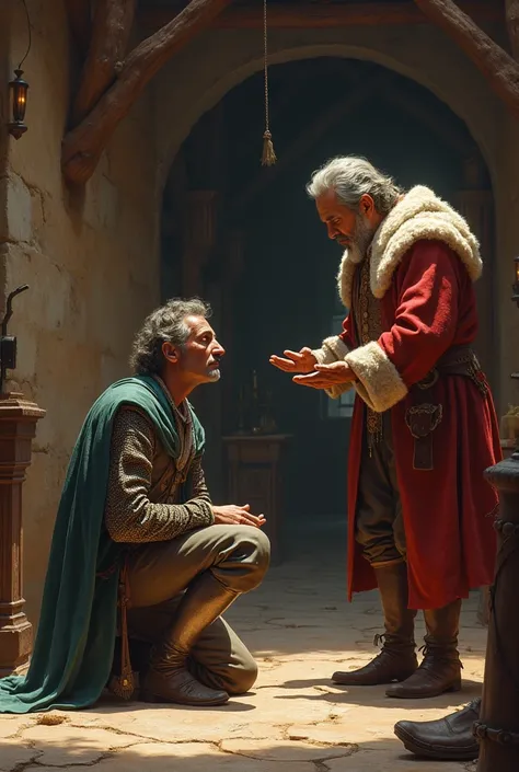 A ventero proclaiming Don Quixote a gentleman while he kneels 