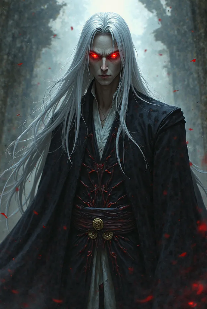 un homme avec des longs cheveux blancs et des yeux ovales rouges comme le sang et un nez pointu et un visage étroit .
Il est vêtu des vêtements d'un chef de shinigami dans l'anime de Bleach