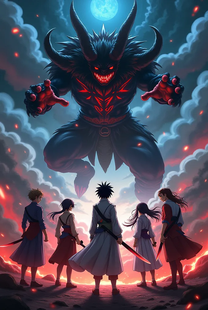 A demon slayer anime picture which have characters like tanjiro ,zenitse,inosuke,giyu and kokushibo