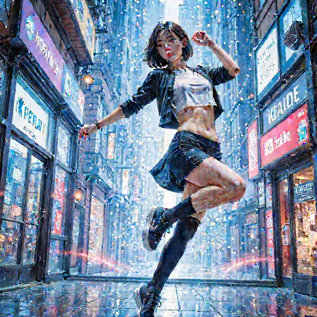 Anime-style illustration of a dancer mid-motion, surrounded by swirling lights and music notes glowing around them like energy waves. Their expression is pure joy and confidence, with every movement radiating power and individuality. The background is a st...