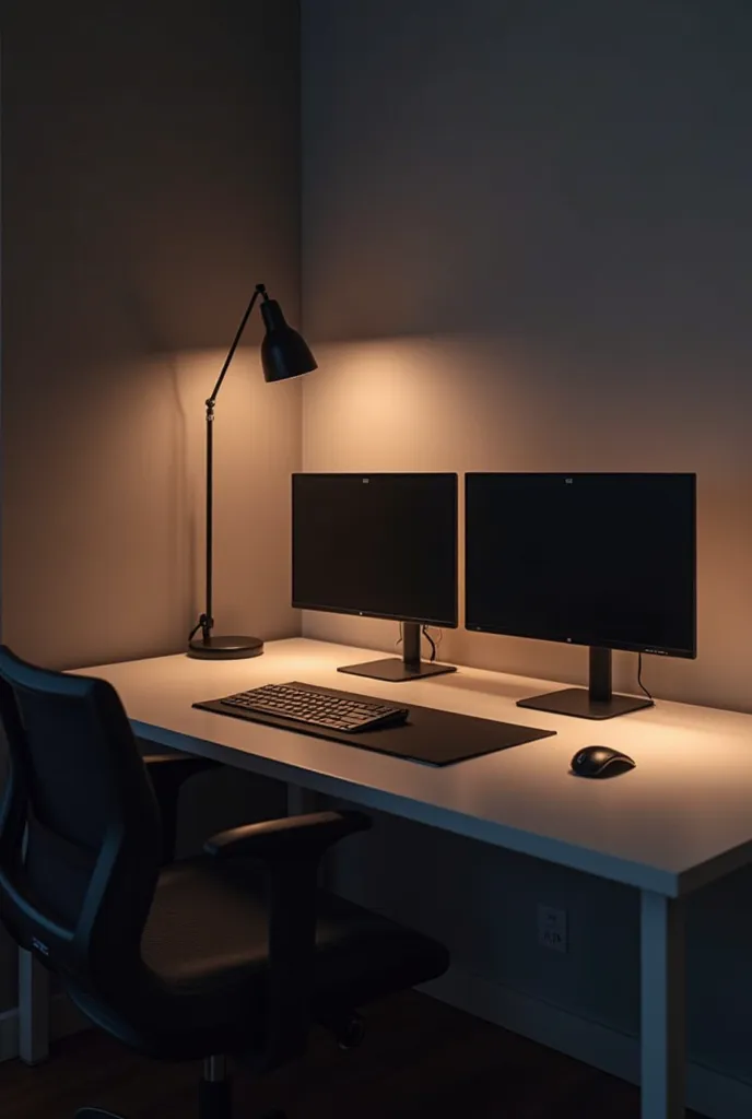 "Design a high-quality, cinematic office background with a sleek, minimalist table positioned 2 meters behind the subject, against a wall. Two premium desktop monitors sit on the table, illuminated by a soft, warm desk lamp that emits cinematic light, crea...