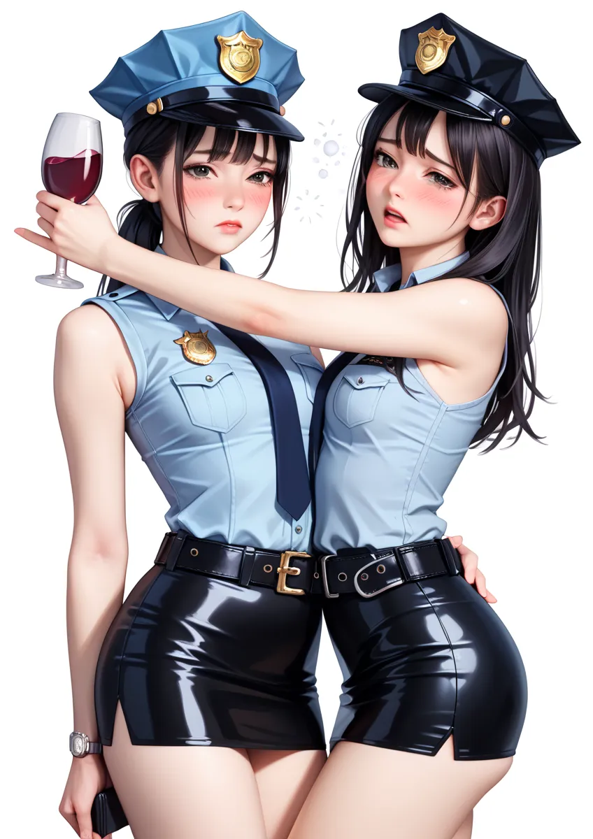  Beautiful Japanese Women,( 1girl :1.5),(slender body:1.2),( small tits:1.0),(white collared sleeveless police shirt:1.2),(white super mini police skirt:1.2),(black leather equipped police belt:1.5),real skin ,small breasts, black hair,Ultra-detailed round...