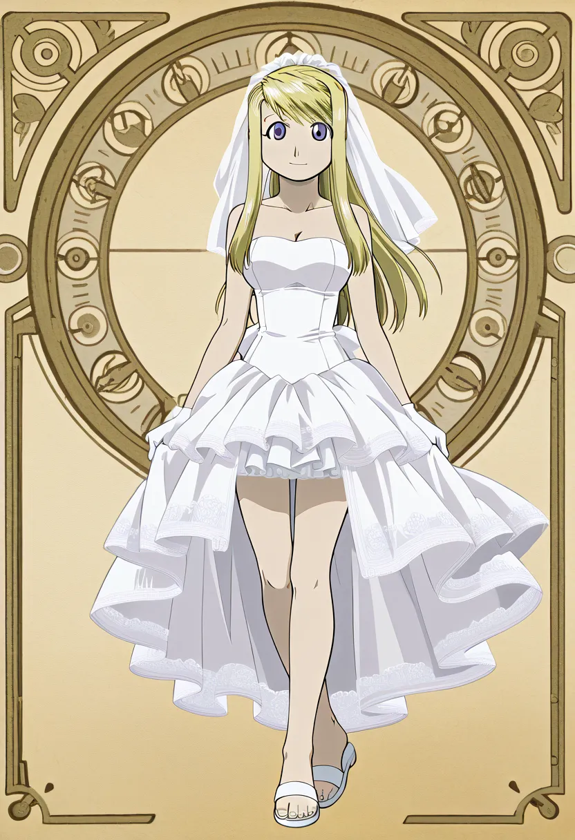 masterpiece,best quality,official art,wallpaper,absurdres, beautiful detailed face,detailed texture,detailed skin,detailed BREAK 1girl,Fullmetal Alchemist,source_Fullmetal Alchemist,Winry Rockbell,bride,wedding veil, wedding minidress, minidress, sandals, ...