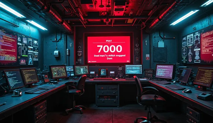 A dark, high-tech underground bunker with a tense, cyberpunk atmosphere. The main focus is a large, futuristic computer monitor displaying a red warning message: 'Dead Man’s Switch Engaged' with a countdown timer ticking down. The room is dimly lit with fl...