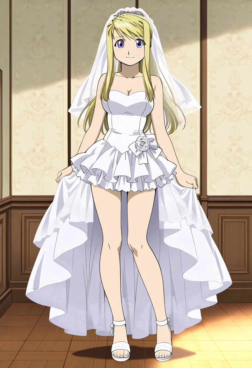 masterpiece,best quality,official art,wallpaper,absurdres, beautiful detailed face,detailed texture,detailed skin,detailed BREAK 1girl,Fullmetal Alchemist,source_Fullmetal Alchemist,Winry Rockbell,bride,wedding veil, wedding minidress, minidress, sandals, ...