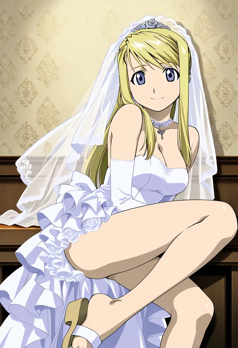 masterpiece,best quality,official art,wallpaper,absurdres, beautiful detailed face,detailed texture,detailed skin,detailed BREAK 1girl,Fullmetal Alchemist,source_Fullmetal Alchemist,Winry Rockbell,bride,wedding veil, wedding minidress, minidress, sandals, ...