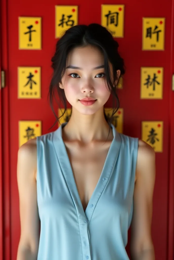 Sexy and beautiful，, a beautiful girl with a full and exposed Oriental magic，The eyes were blank，Wearing light blue clothes，The background is a closed red Chinese door,Above are 13 yellow stamps with strange spells
