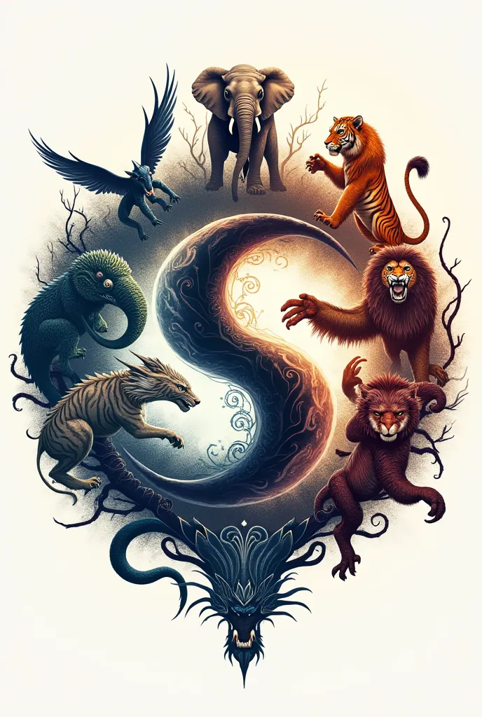 Design me a logo with ying yang surrounded by animals ( a snake ,a dragon,  un elephant,A scorpion,un singe et a dragon de komodo,A lion and a tiger  )

