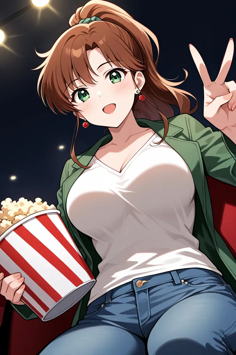 1 girl, DUTCH ANGlE, obra maestra, mejor calidad, LONg hair, Brown hair, green eyes, ponytail hairstyle, medium boobs, rose earrings, red earrngs, hair accessory, Kino Makoto, INSIde EMPTY MOviE THEATRE, SITTInG ON MOVIE RED THEATRE CHAIR, BLUE JEAnS, WATC...