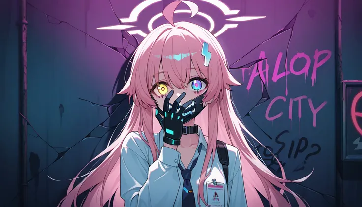 걸작,top quality,very beautiful,very high resolution,1 female,Hoshino_\( _ storage \), pink_ hair ,alone, Dichroism , _shirt,long_ hair , _eye, fangs, _tie,Ahogeo,yellow_eye,collar_shirt, hair _ between _eye, pink_halo,shoulder_Looking for a strap ,heterochr...