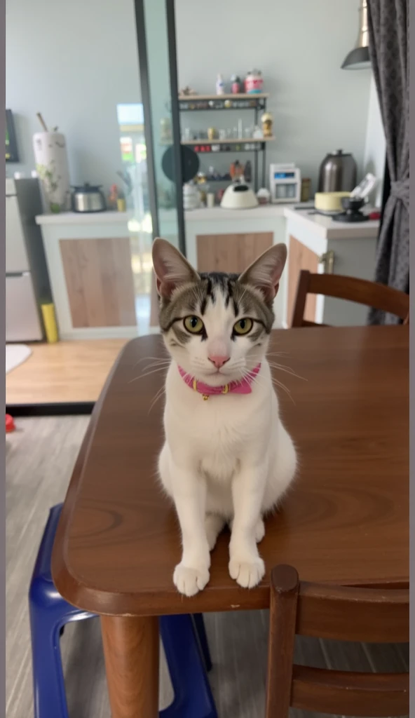 "A regal cat with white and gray fur, sitting elegantly on a wooden table, wearing a luxurious Renaissance-style gown. The gown is richly detailed with gold embroidery, intricate lace, and deep velvet fabric in a royal blue or burgundy shade. The cat maint...