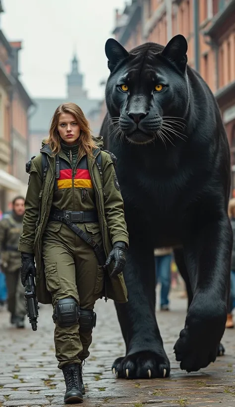  
Germany – A fierce German woman in military gear, with the Germany flag on her jacket, strolls through a medieval European town, beside her stands a giant armored black panther, muscles rippling under its suit.
