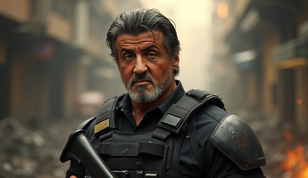 The photorealistic atmosphere: the shadows of the past dissipate, when Stallone in heavy gear comes out into the world, symbolizing his fight for justice.