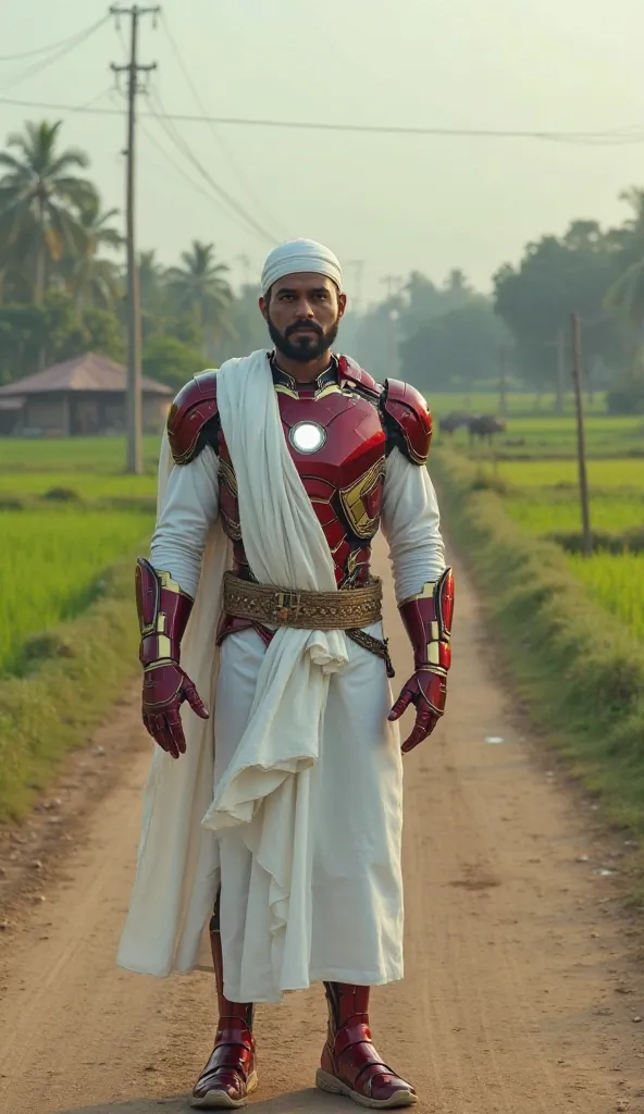 A highly detailed and realistic digital artwork of Iron Man standing on a rural village road in Bangladesh. He is wearing a traditional white Panjabi (long tunic) over his armor and a white Muslim cap (taqiyah) on his head. The background features a peacef...