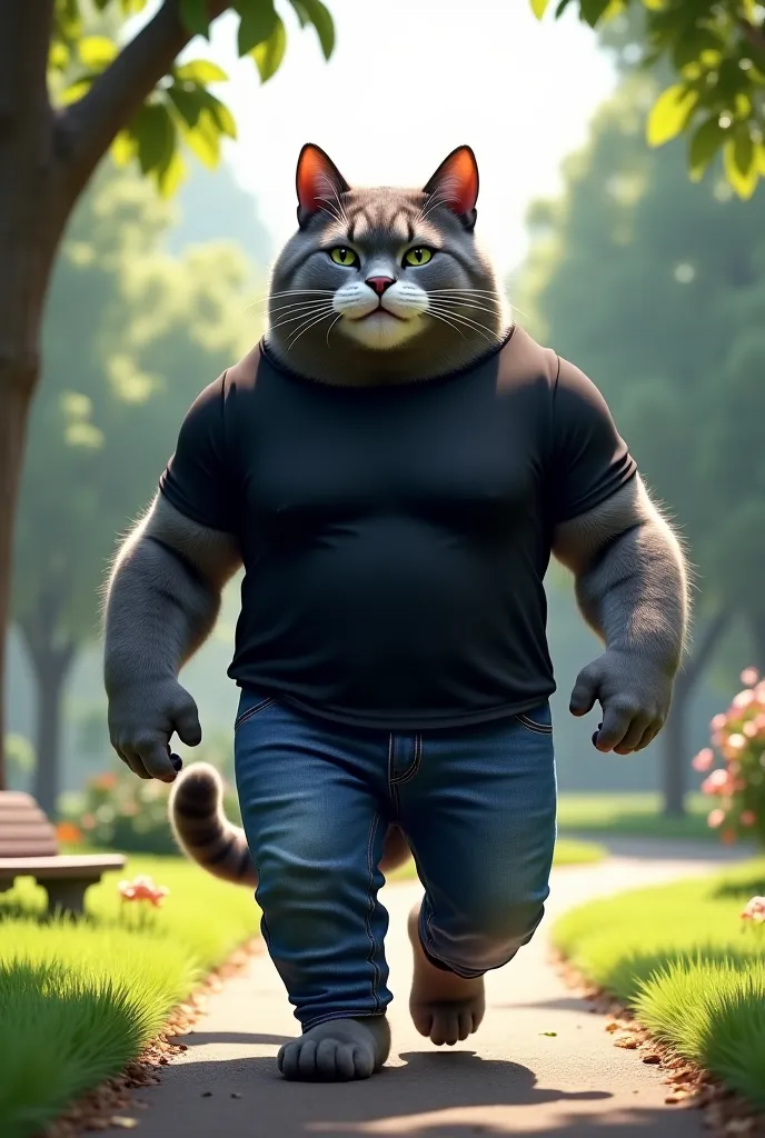 There is a gray strong cat looking like a strong cat wear black T-shirt and jeans pants walk in a park 