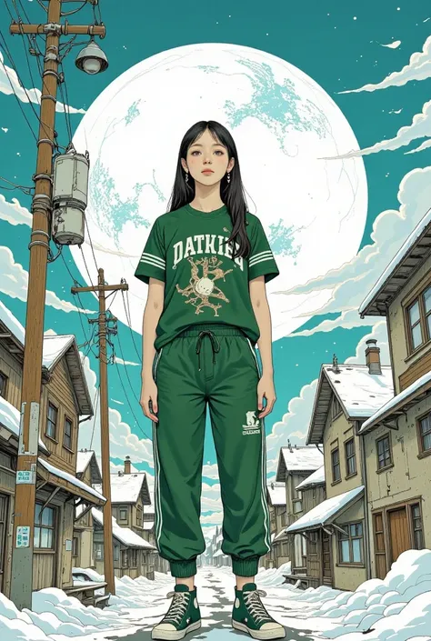  flat large general   full body ,  Center and distant images   ,    dirty pussy juice      :1.52, ((   Donnie     :1.5)),    beautiful charming baby Japanese woman with face like  ,     Donnie      ， dark green high cut converse shoes，  dark green telecast...