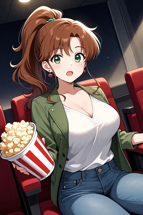 1 girl, DUTCH ANGlE, obra maestra, mejor calidad, LONg hair, Brown hair, green eyes, ponytail hairstyle, medium boobs, rose earrings, red earrngs, hair accessory, Kino Makoto, INSIde EMPTY MOviE THEATRE, SITTInG ON MOVIE RED THEATRE CHAIR, BLUE JEAnS, WATC...