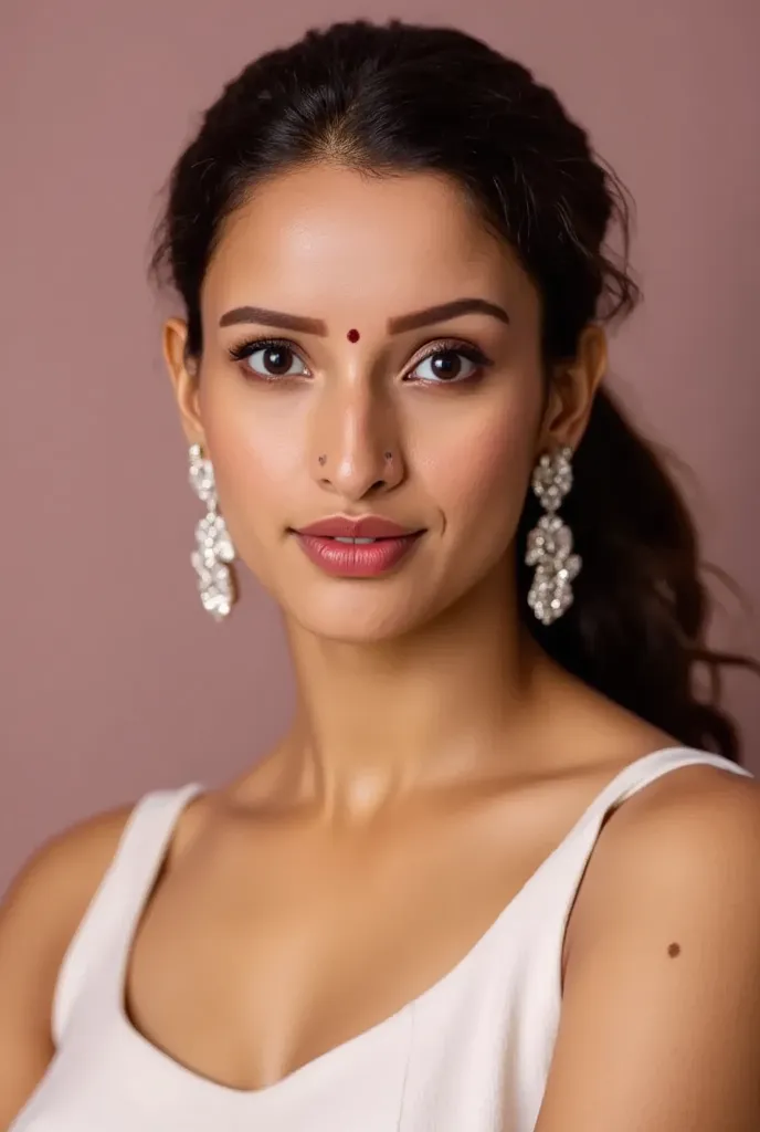 (masterpiece, best quality:1.2), 1girl, solo, Tripti,1girl, black hair, breasts, brown eyes, earrings, eyelashes, freckles, hoop earrings, jewelry, large breasts, lips, lipstick, long hair, makeup, medium breasts, mole, mole on breast, mole under eye, mole...