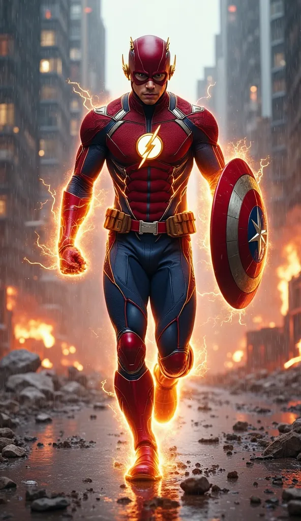 A fusion of The Flash and Captain America emerges, the perfect combination of unstoppable speed and unbreakable willpower. His suit is a sleek, aerodynamic blend of scarlet and deep navy blue, adorned with glowing golden lightning streaks running across hi...