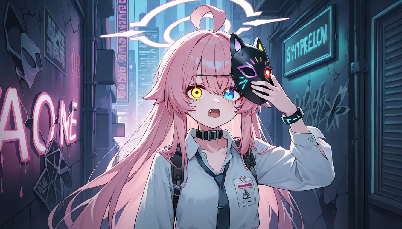 걸작,top quality,very beautiful,very high resolution,1 female,Hoshino_\( _ storage \), pink_ hair ,alone, Dichroism , _shirt,long_ hair , _eye, fangs, _tie,Ahogeo,yellow_eye,collar_shirt, hair _ between _eye, pink_halo,shoulder_Looking for a strap ,heterochr...