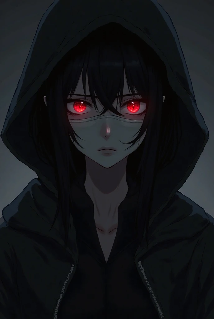 A mysterious 18-year-old woman with black hair and striking red eyes. She has fair skin and a well-proportioned figure. She is facing directly forward with an enigmatic expression. She wears a mask that partially covers her face, adding to her mysterious a...