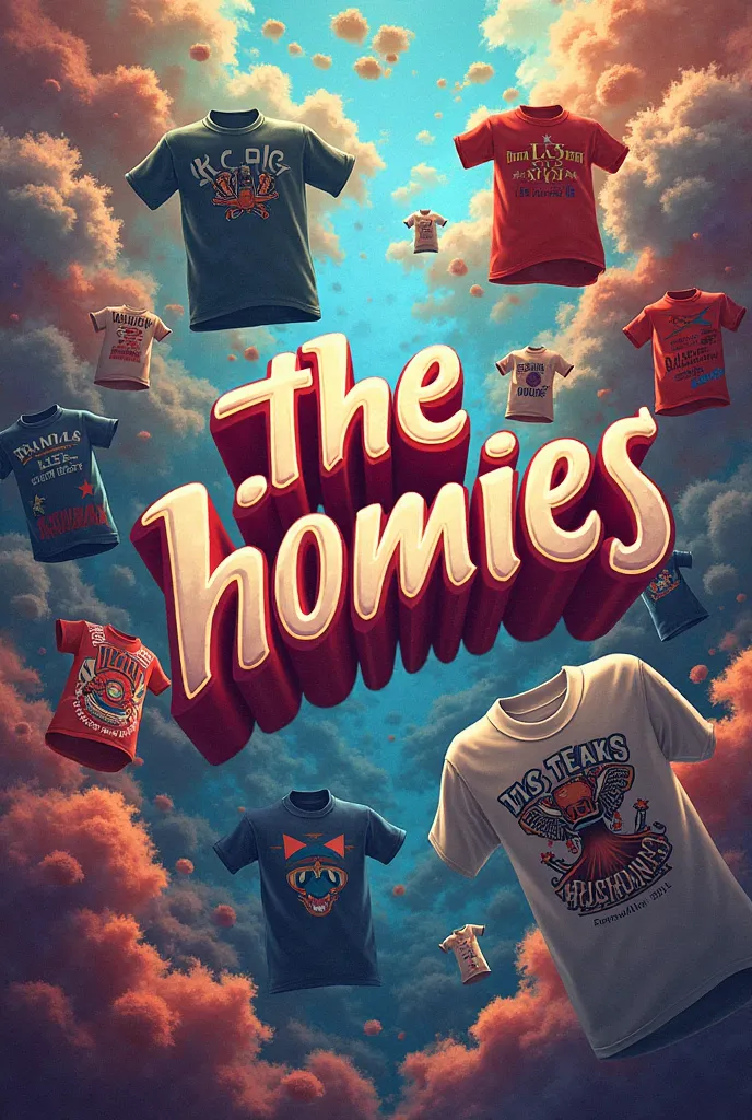 The word The Homies set in center and T shirt is flying around the works and one T shirt is setting the work