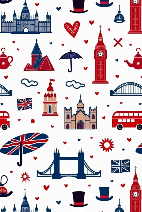 This image features a seamless London-themed pattern with iconic British symbols in a bold red, blue, and white color scheme. The design includes famous landmarks such as Big Ben, Tower Bridge, and St. Paul's Cathedral, along with traditional elements like...