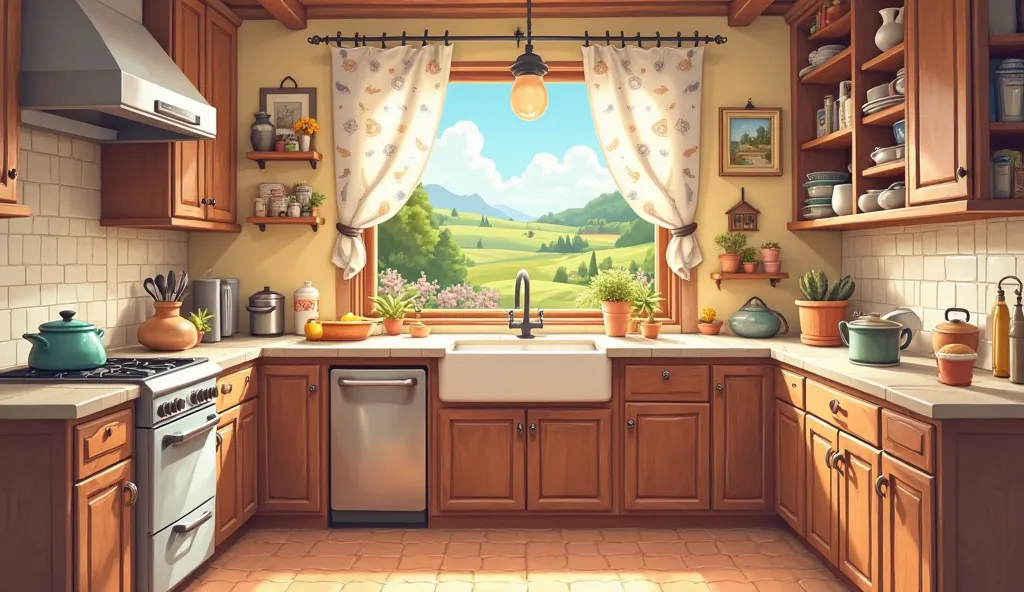 Cozy kitchen,  illustration,  cartoon style, High detail, 8 k