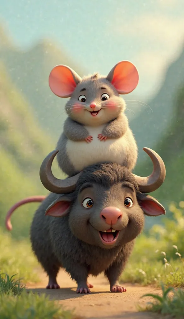 draw me a big round belly mouse, smiling face down on a cute little buffalo smiling happily while in real 3D style