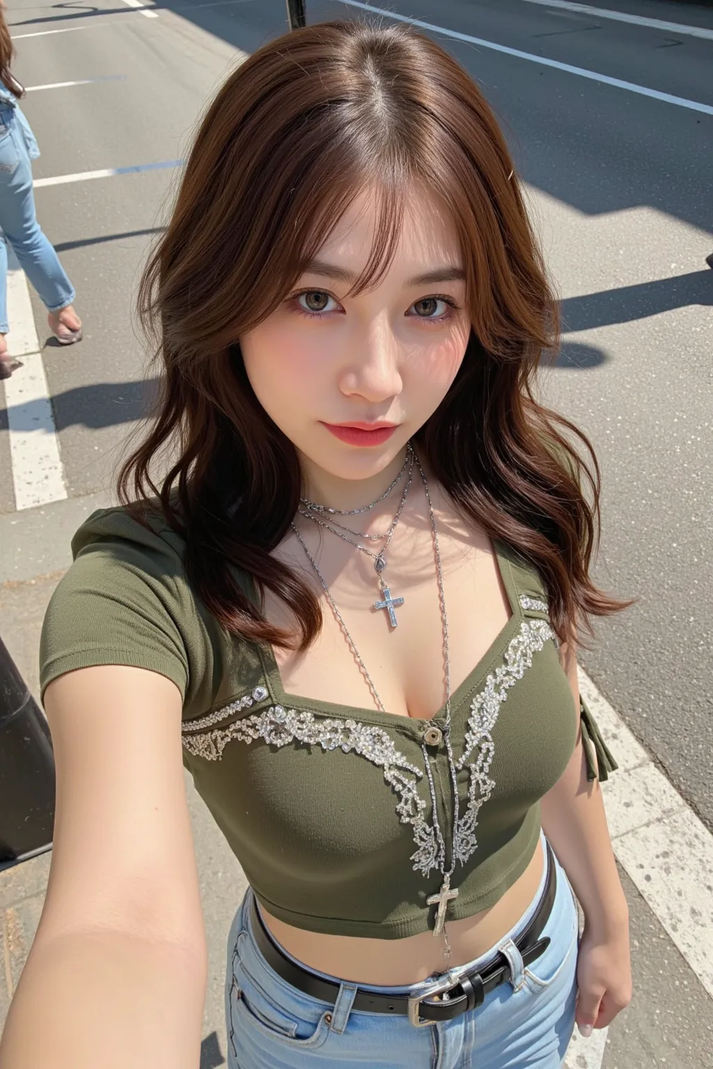 A stylish young woman walking outdoors on a sunny day, captured from a high-angle selfie. She wears a cropped, fitted green top with intricate designs and rhinestones, paired with light blue high-waisted jeans and a black belt. Her wavy, long brown hair fl...