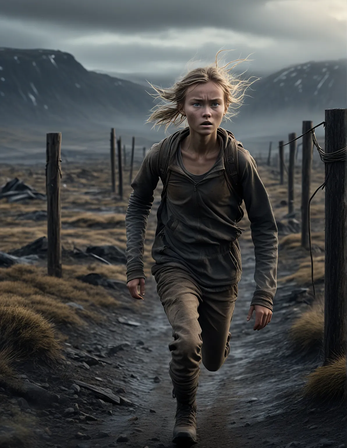 Top Quality, Masterpiece, High Resolution, 8k, (((cute skinny barely legal middle school Norwegian girl running away completely naked on apocalyptic show