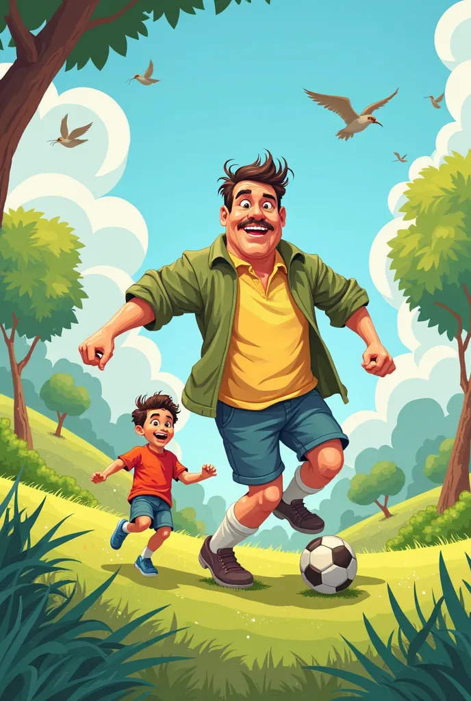 Full-length father and little son caricature playing soccer in a park in cartoon style 