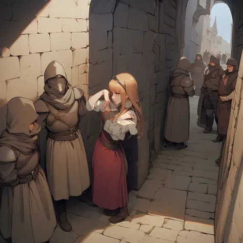 3 men, 1 woman, men with their backs to the viewer, woman standing against a wall, dark alley, medieval