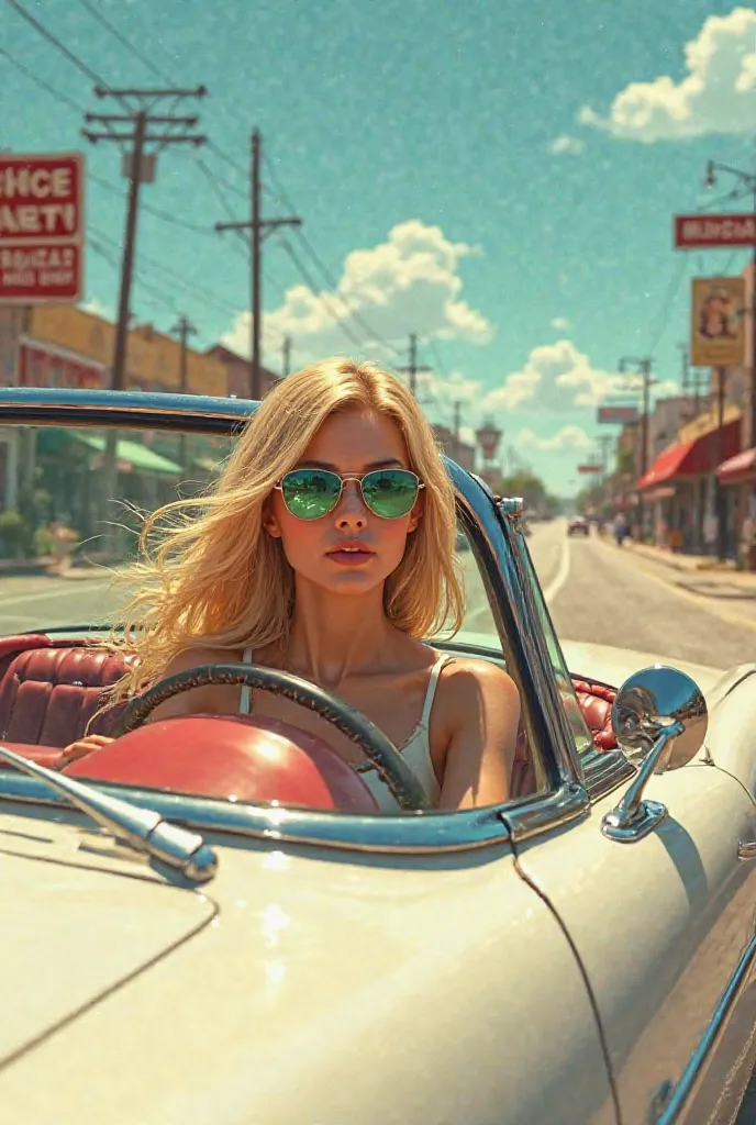 A young blonde girl with square green eyes in a white convertible car with sunglasses on Route 66 of Menphis that is driving