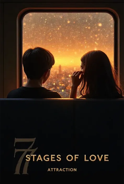 "A cinematic poster for '7 Stages of Love' featuring a dimly lit train at sunset. A boy and girl sit near the window, their faces unseen—only silhouettes visible. The boy gazes outside, lost in thought, while the girl tucks her hair behind her ear. Raindro...