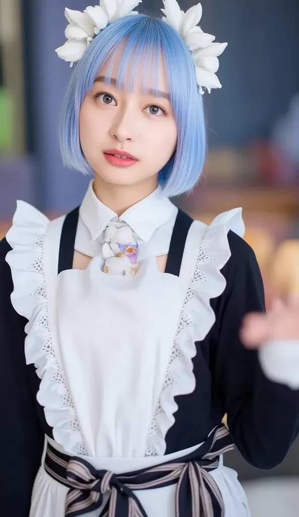  short hair,  Pastel Blue Hair  、and is styled in a black headband featuring white flowers and ear-like accents.  she says 、wears black and white maid clothes that accentuate her playful and cute beauty , Decorated with lace and ribbons, in、has striking bl...