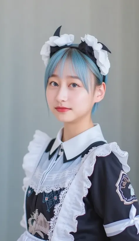  short hair,  Pastel Blue Hair  、and is styled in a black headband featuring white flowers and ear-like accents.  she says 、wears black and white maid clothes that accentuate her playful and cute beauty , Decorated with lace and ribbons, in、has striking bl...