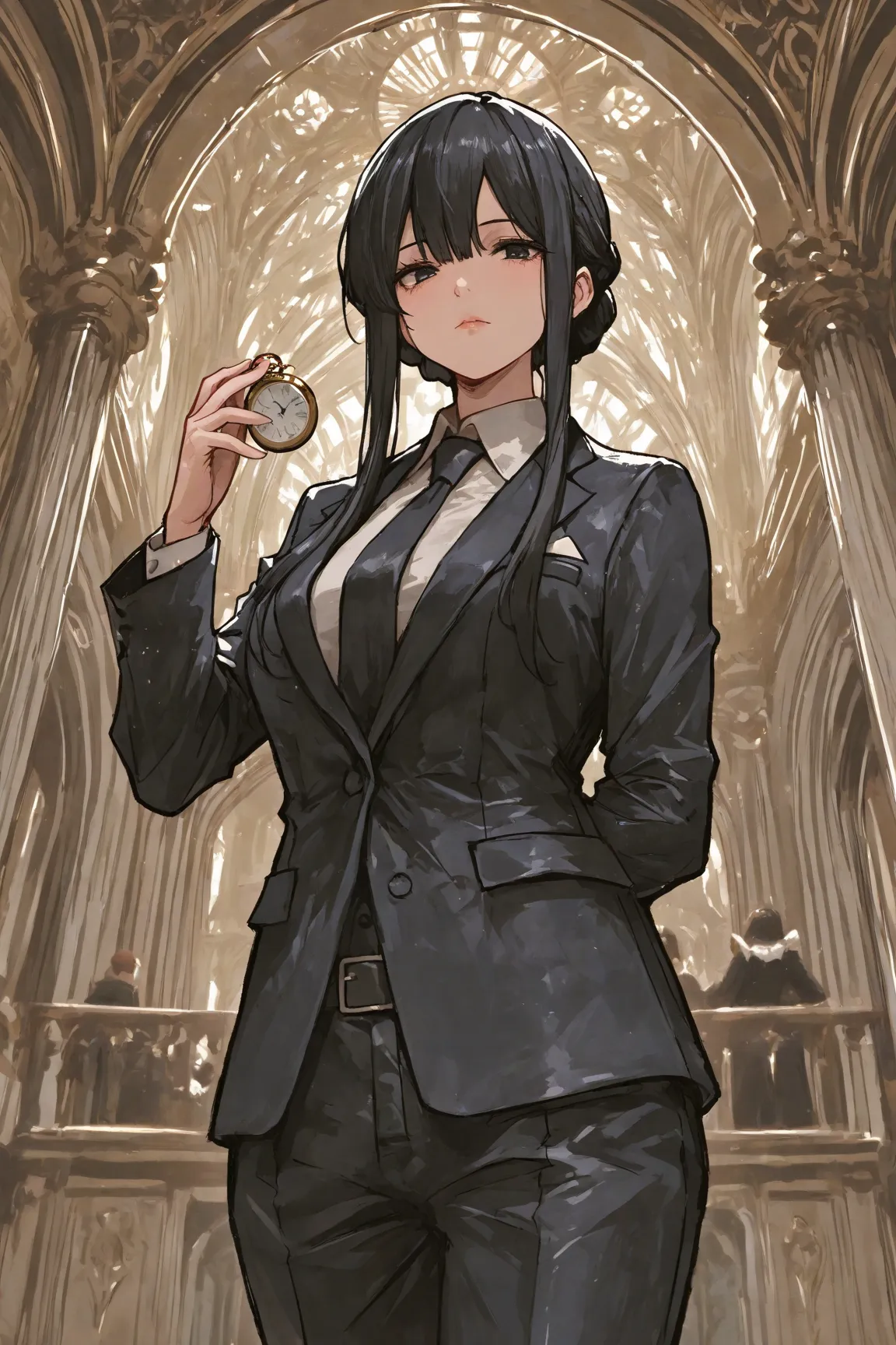  manga 、cool、 black hair、Deaconess,Maid,palace,Black Suit,pocket watch in hand