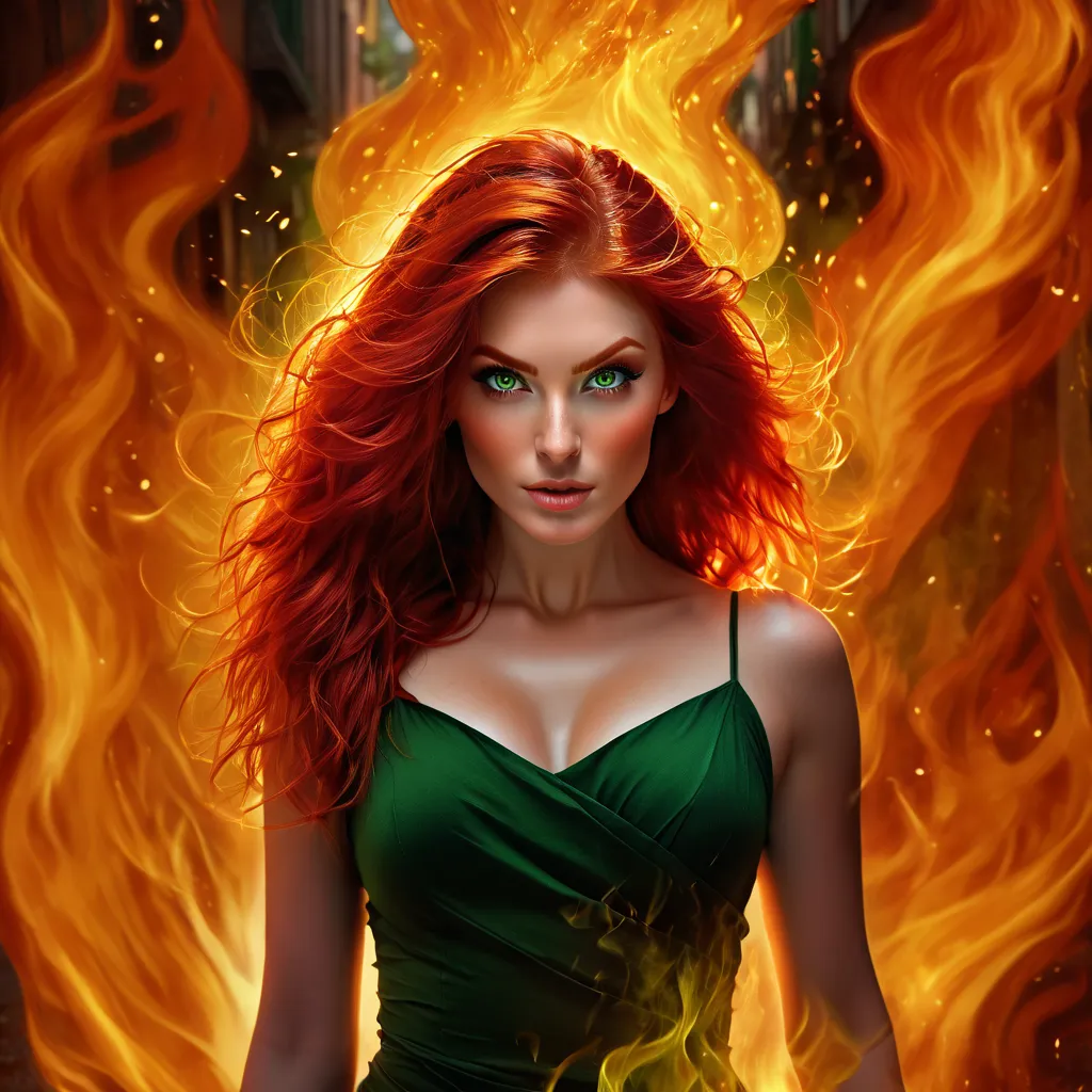 Women,  Red hair, green eyes surrounded by fire