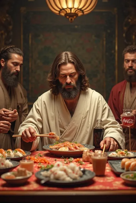 Hyper realistic detailed image of the Last Supper , Jesus and his apostles are eating sushi with hashi and drinking Coca-Cola.. behind the background see if a buffet , cozy typical Japanese restaurant.