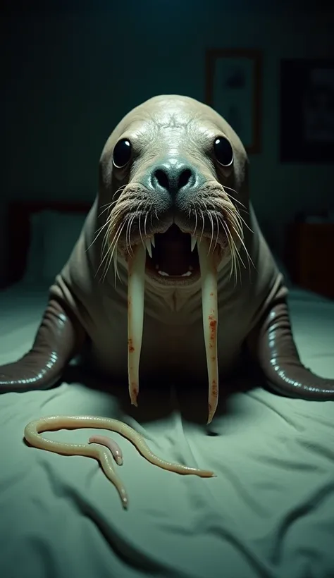 A disgusting, slimy, dirty, sweaty walrus with a human head wriggles on the bed and looks into the frame. It has black eye sockets. First-person view. The light from the lens of the flashlight is directed directly at its head and fills its entire body. The...