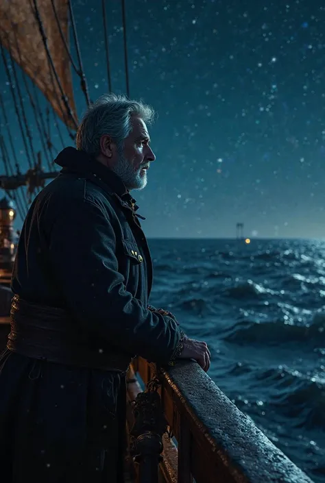 An image of a captain looking out to sea from a ship sailing at night