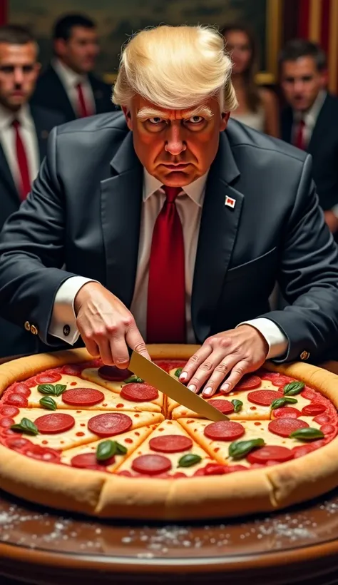 
৪. ট্রাম্প এক বিশাল পিজ্জা কাটছে

Prompt:
"Donald Trump sitting at a giant table, cutting an oversized pizza with a huge golden knife. The pizza is so large that it's almost the size of a small building. He looks focused on his task, but the ridiculous si...