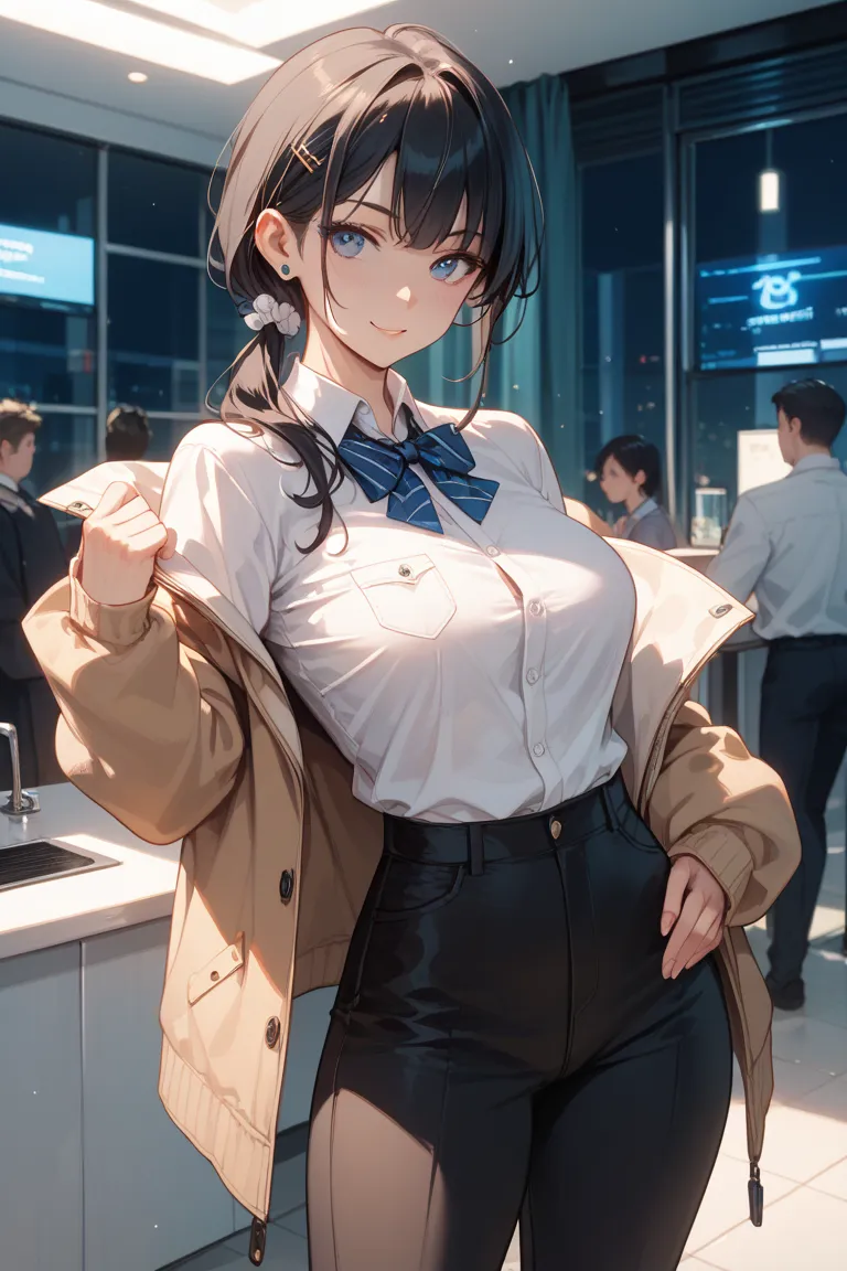 "A tall, slender Japanese woman with straight black hair and a low ponytail. She is 172cm tall and has a well-proportioned physique. She wears a stylish business suit with a jacket, sometimes with pants or a miniskirt. She has a confident posture and has a...